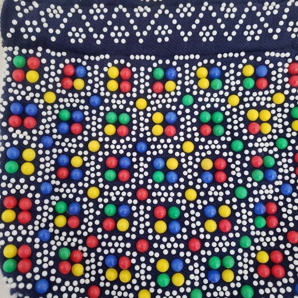 Vintage 70s Kitschy Candy Dot Bead Reversible Drawstring Satchel Bag